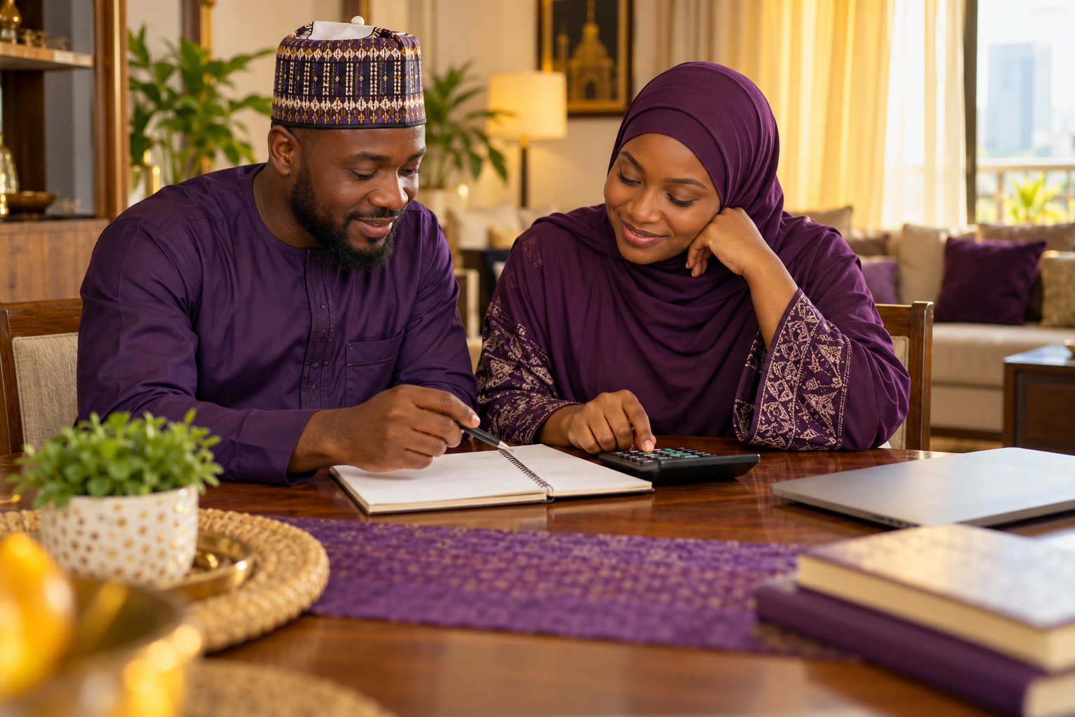 Illustrative image of a Muslim couple planning a household budget together